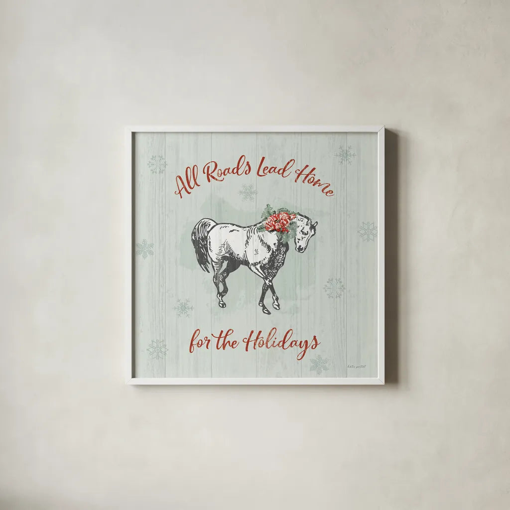 Farmhouse Christmas IV by Katie Pertiet. Shown in a crisp white glass frame for a clean and minimalist style. Available as an archival giclee rolled canvas, fine art paper, or poster print. SKU 61690a.