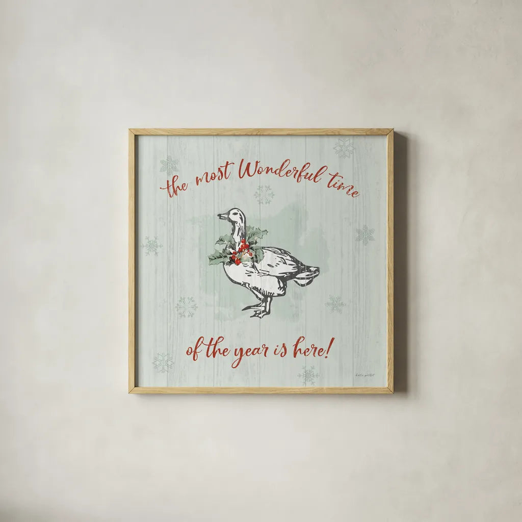 Farmhouse Christmas V by Katie Pertiet. Shown in a natural wood glass frame for a timeless modern aesthetic. Available as an archival giclee rolled canvas, fine art paper, or poster print. SKU 61691a.