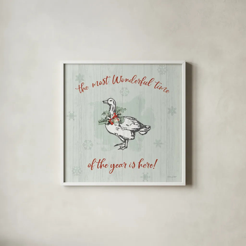 Farmhouse Christmas V by Katie Pertiet. Shown in a crisp white glass frame for a clean and minimalist style. Available as an archival giclee rolled canvas, fine art paper, or poster print. SKU 61691a.