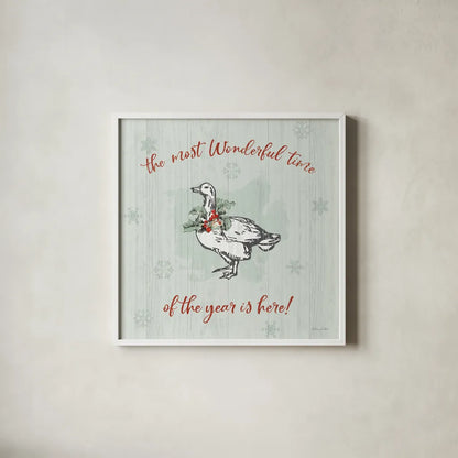 Farmhouse Christmas V by Katie Pertiet. Shown in a crisp white glass frame for a clean and minimalist style. Available as an archival giclee rolled canvas, fine art paper, or poster print. SKU 61691a.