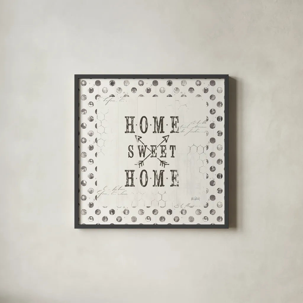 Farmhouse Fresh 01A Home Sweet Home by Katie Pertiet. Shown in a sleek black glass frame for a contemporary gallery look. Available as an archival giclee rolled canvas, fine art paper, or poster print. SKU 54164a.