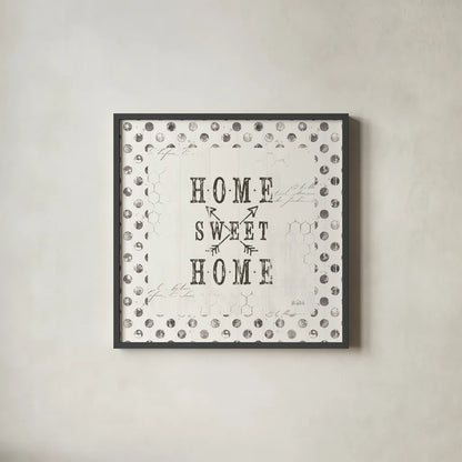 Farmhouse Fresh 01A Home Sweet Home by Katie Pertiet. Shown in a sleek black glass frame for a contemporary gallery look. Available as an archival giclee rolled canvas, fine art paper, or poster print. SKU 54164a.