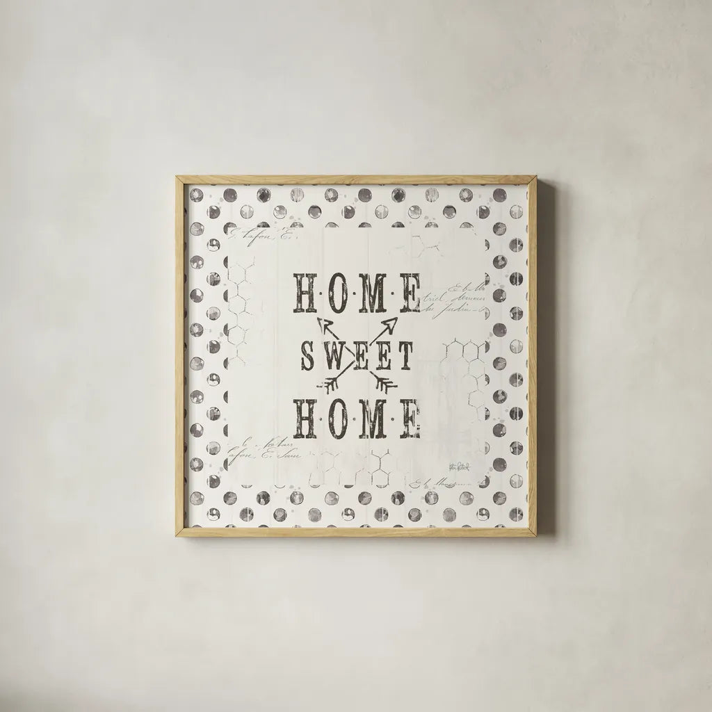 Farmhouse Fresh 01A Home Sweet Home by Katie Pertiet. Shown in a natural wood glass frame for a timeless modern aesthetic. Available as an archival giclee rolled canvas, fine art paper, or poster print. SKU 54164a.