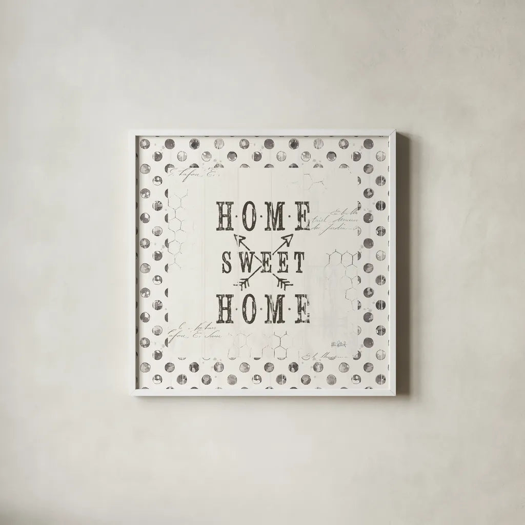 Farmhouse Fresh 01A Home Sweet Home by Katie Pertiet. Shown in a crisp white glass frame for a clean and minimalist style. Available as an archival giclee rolled canvas, fine art paper, or poster print. SKU 54164a.
