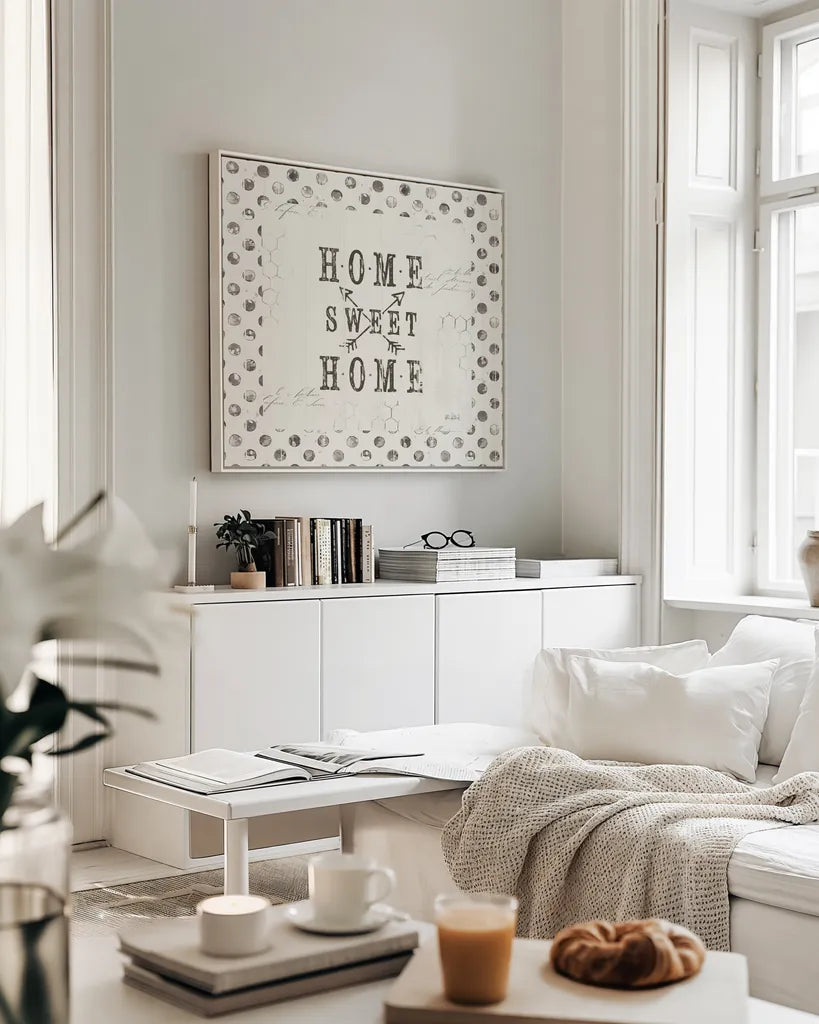 Farmhouse Fresh 01A Home Sweet Home by Katie Pertiet. Displayed in a neutral white living room setting for a light and airy feel. Available as an archival giclee rolled canvas, fine art paper, or poster print. SKU 54164a.