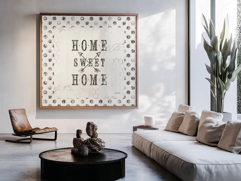Farmhouse Fresh 01A Home Sweet Home by Katie Pertiet. Shown as oversize wall art in a modern living room setting. Available as an archival giclee rolled canvas, fine art paper, or poster print. SKU 54164a.
