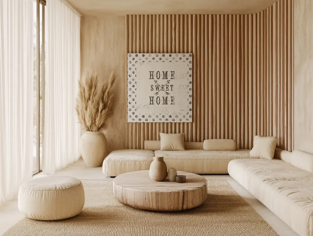 Farmhouse Fresh 01A Home Sweet Home by Katie Pertiet. Displayed as large wall art in a wabi-sabi Japandi style living room. Available as an archival giclee rolled canvas, fine art paper, or poster print. SKU 54164a.