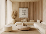 Farmhouse Fresh 01A Home Sweet Home by Katie Pertiet. Displayed as large wall art in a wabi-sabi Japandi style living room. Available as an archival giclee rolled canvas, fine art paper, or poster print. SKU 54164a.