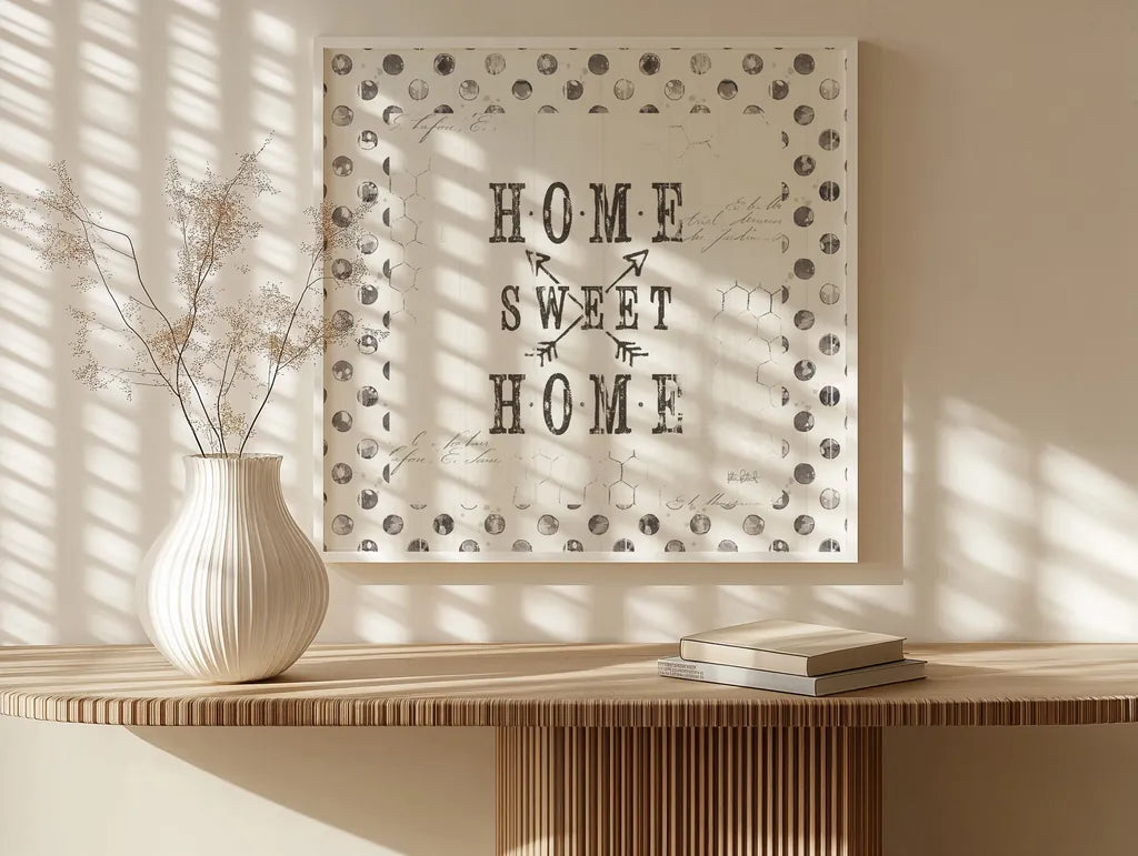 Farmhouse Fresh 01A Home Sweet Home by Katie Pertiet. shown as a paper print in a white frame. Available as a archival giclee rolled canvas, fine art paper, or poster print. SKU 54164a.