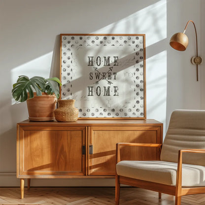 Farmhouse Fresh 01A Home Sweet Home by Katie Pertiet. Shown in a mid-century modern living room setting. Available as an archival giclee rolled canvas, fine art paper, or poster print. SKU 54164a.