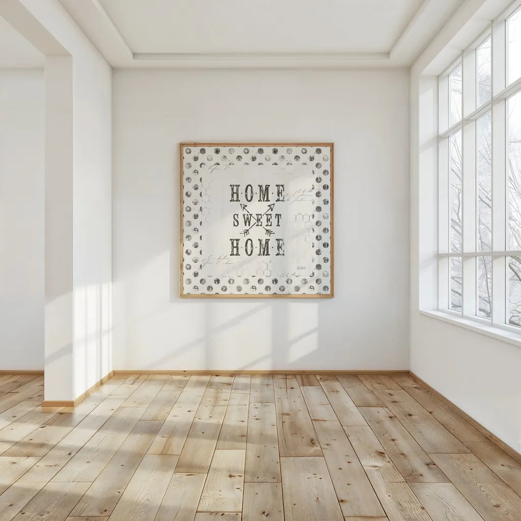 Farmhouse Fresh 01A Home Sweet Home by Katie Pertiet. shown as a paper print in a natural frame. Available as a archival giclee rolled canvas, fine art paper, or poster print. SKU 54164a.