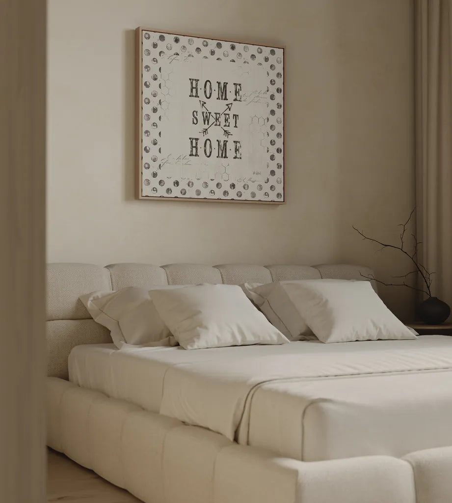 Farmhouse Fresh 01A Home Sweet Home by Katie Pertiet. shown as a paper print in a natural frame. Available as a archival giclee rolled canvas, fine art paper, or poster print. SKU 54164a.