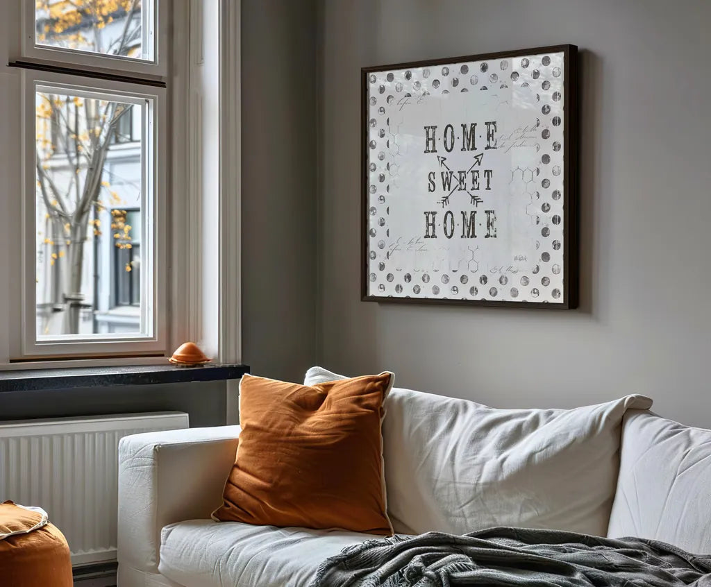 Farmhouse Fresh 01A Home Sweet Home by Katie Pertiet. Shown as wall art in an apartment studio setting. Available as an archival giclee rolled canvas, fine art paper, or poster print. SKU 54164a.