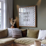 Farmhouse Fresh 01A Home Sweet Home by Katie Pertiet. Displayed as artwork in a comfortable living room interior. Available as an archival giclee rolled canvas, fine art paper, or poster print. SKU 54164a.