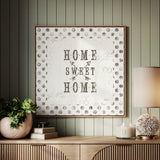 Farmhouse Fresh 01A Home Sweet Home by Katie Pertiet. Shown as framed artwork above a natural console against a green panel wall. Available as an archival giclee rolled canvas, fine art paper, or poster print. SKU 54164a.