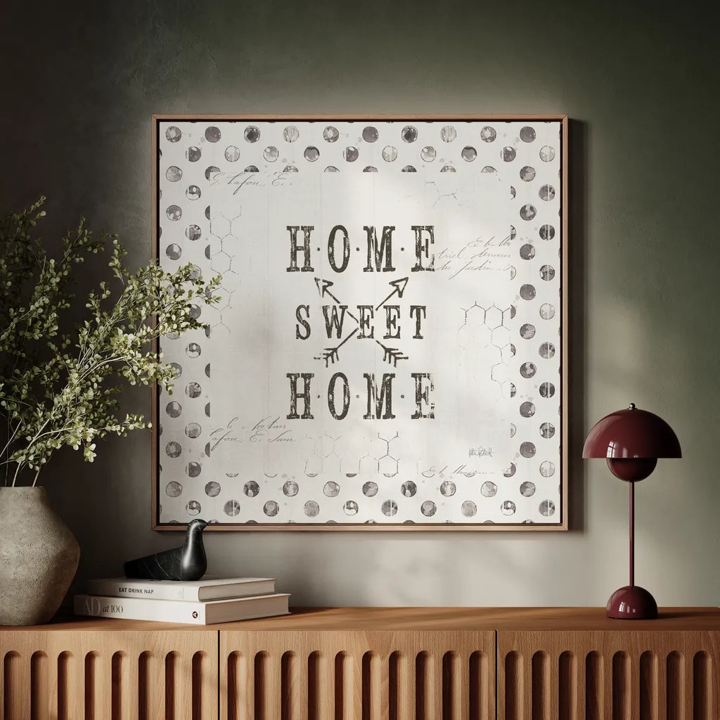 Farmhouse Fresh 01A Home Sweet Home by Katie Pertiet. Displayed as framed wall art above a natural console on a Venetian plaster wall. Available as an archival giclee rolled canvas, fine art paper, or poster print. SKU 54164a.