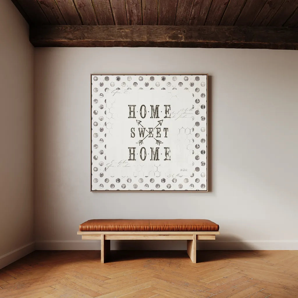 Farmhouse Fresh 01A Home Sweet Home by Katie Pertiet. Shown as framed artwork above a bench in a contemporary space. Available as an archival giclee rolled canvas, fine art paper, or poster print. SKU 54164a.