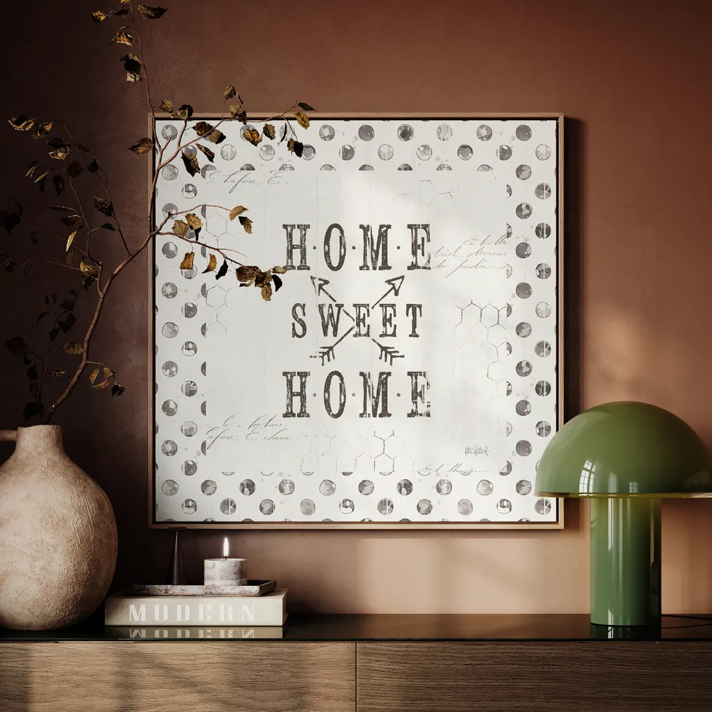 Farmhouse Fresh 01A Home Sweet Home by Katie Pertiet. Displayed as framed artwork above a console in a living area. Available as an archival giclee rolled canvas, fine art paper, or poster print. SKU 54164a.