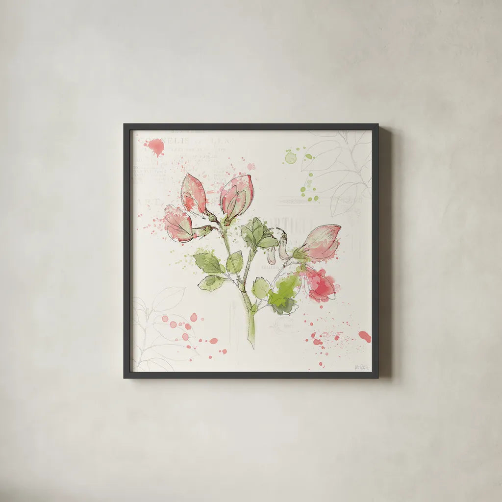 Floral Splash II by Katie Pertiet. Shown in a sleek black glass frame for a contemporary gallery look. Available as an archival giclee rolled canvas, fine art paper, or poster print. SKU 27182a.