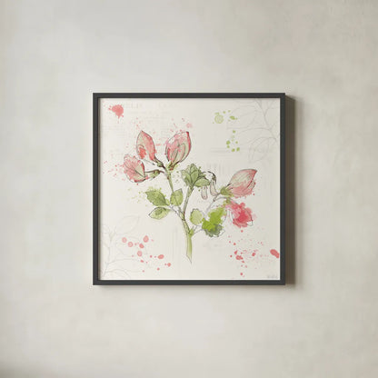 Floral Splash II by Katie Pertiet. Shown in a sleek black glass frame for a contemporary gallery look. Available as an archival giclee rolled canvas, fine art paper, or poster print. SKU 27182a.