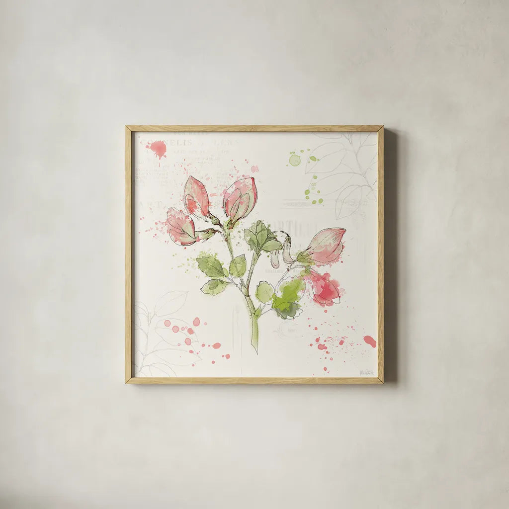 Floral Splash II by Katie Pertiet. Shown in a natural wood glass frame for a timeless modern aesthetic. Available as an archival giclee rolled canvas, fine art paper, or poster print. SKU 27182a.