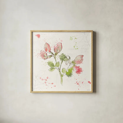 Floral Splash II by Katie Pertiet. Shown in a natural wood glass frame for a timeless modern aesthetic. Available as an archival giclee rolled canvas, fine art paper, or poster print. SKU 27182a.