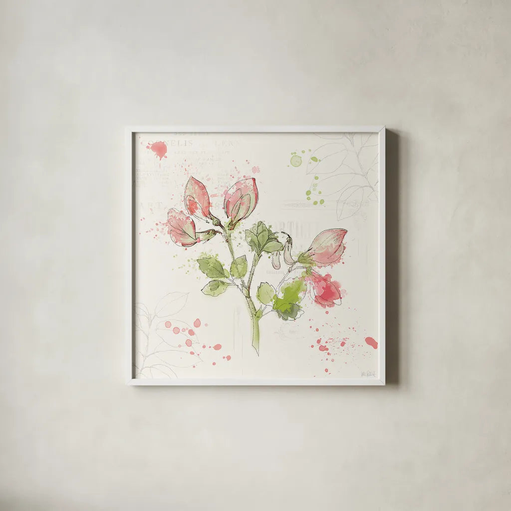 Floral Splash II by Katie Pertiet. Shown in a crisp white glass frame for a clean and minimalist style. Available as an archival giclee rolled canvas, fine art paper, or poster print. SKU 27182a.