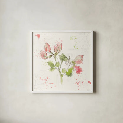 Floral Splash II by Katie Pertiet. Shown in a crisp white glass frame for a clean and minimalist style. Available as an archival giclee rolled canvas, fine art paper, or poster print. SKU 27182a.