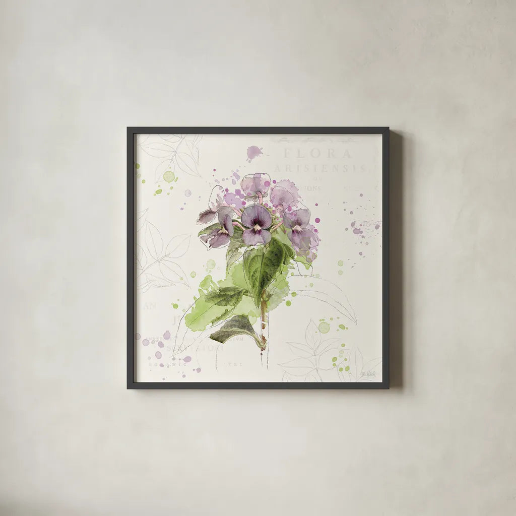 Floral Splash III by Katie Pertiet. Shown in a sleek black glass frame for a contemporary gallery look. Available as an archival giclee rolled canvas, fine art paper, or poster print. SKU 27183a.