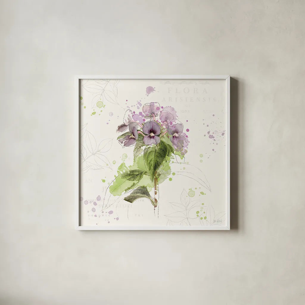 Floral Splash III by Katie Pertiet. Shown in a crisp white glass frame for a clean and minimalist style. Available as an archival giclee rolled canvas, fine art paper, or poster print. SKU 27183a.