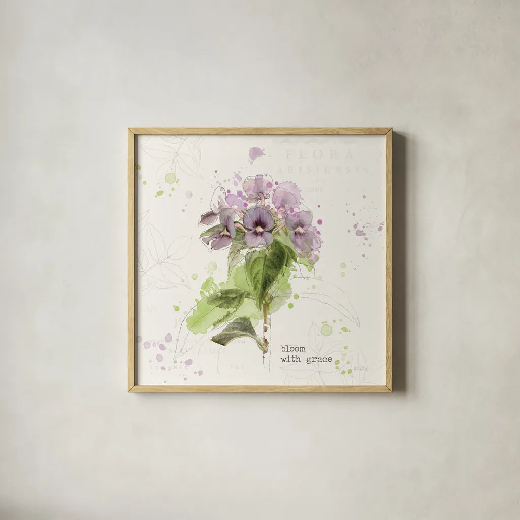 Floral Splash III Bloom by Katie Pertiet. Shown in a natural wood glass frame for a timeless modern aesthetic. Available as an archival giclee rolled canvas, fine art paper, or poster print. SKU 56412a.