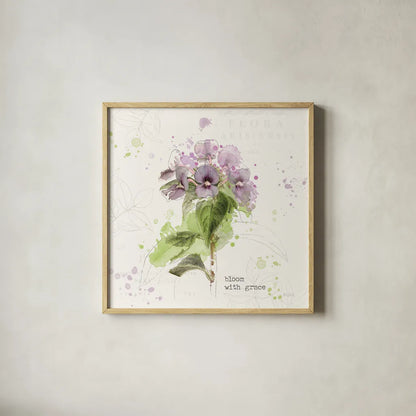 Floral Splash III Bloom by Katie Pertiet. Shown in a natural wood glass frame for a timeless modern aesthetic. Available as an archival giclee rolled canvas, fine art paper, or poster print. SKU 56412a.