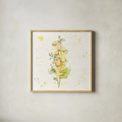 Floral Splash IV by Katie Pertiet. Shown in a natural wood glass frame for a timeless modern aesthetic. Available as an archival giclee rolled canvas, fine art paper, or poster print. SKU 27184a.