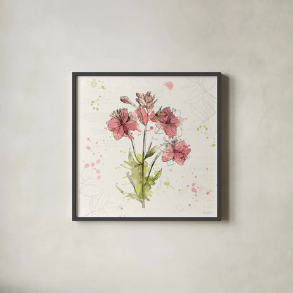 Floral Splash V by Katie Pertiet. Shown in a sleek black glass frame for a contemporary gallery look. Available as an archival giclee rolled canvas, fine art paper, or poster print. SKU 27185a.