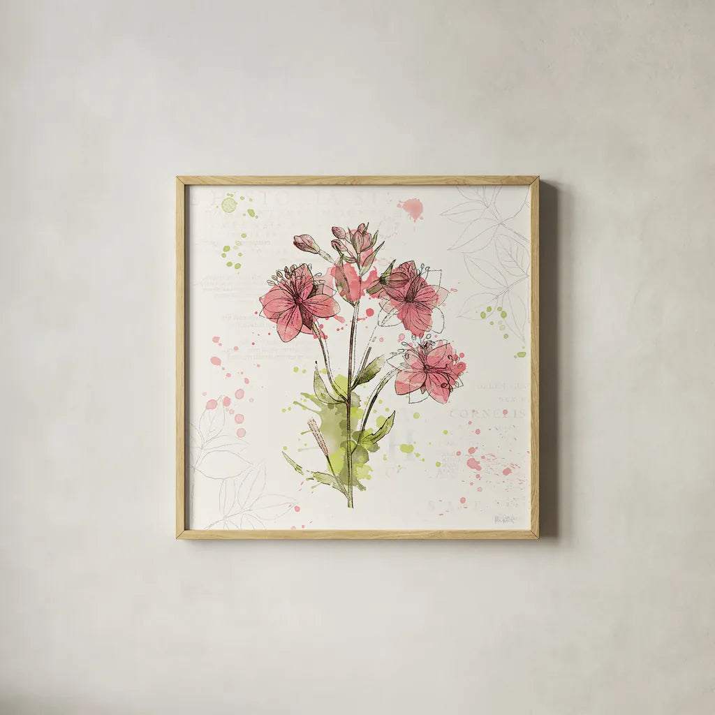 Floral Splash V by Katie Pertiet. Shown in a natural wood glass frame for a timeless modern aesthetic. Available as an archival giclee rolled canvas, fine art paper, or poster print. SKU 27185a.
