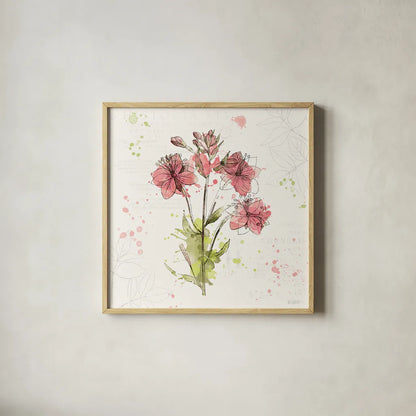 Floral Splash V by Katie Pertiet. Shown in a natural wood glass frame for a timeless modern aesthetic. Available as an archival giclee rolled canvas, fine art paper, or poster print. SKU 27185a.
