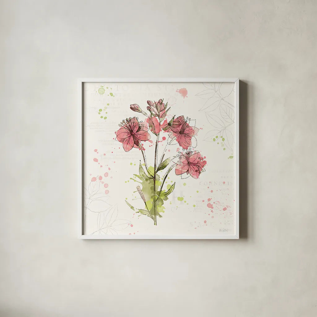Floral Splash V by Katie Pertiet. Shown in a crisp white glass frame for a clean and minimalist style. Available as an archival giclee rolled canvas, fine art paper, or poster print. SKU 27185a.