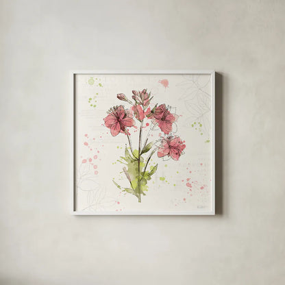 Floral Splash V by Katie Pertiet. Shown in a crisp white glass frame for a clean and minimalist style. Available as an archival giclee rolled canvas, fine art paper, or poster print. SKU 27185a.