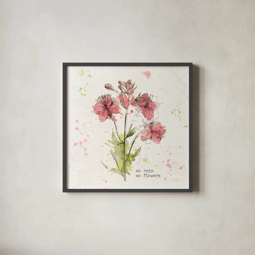 Floral Splash V Rain by Katie Pertiet. Shown in a sleek black glass frame for a contemporary gallery look. Available as an archival giclee rolled canvas, fine art paper, or poster print. SKU 56413a.