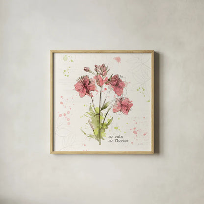 Floral Splash V Rain by Katie Pertiet. Shown in a natural wood glass frame for a timeless modern aesthetic. Available as an archival giclee rolled canvas, fine art paper, or poster print. SKU 56413a.