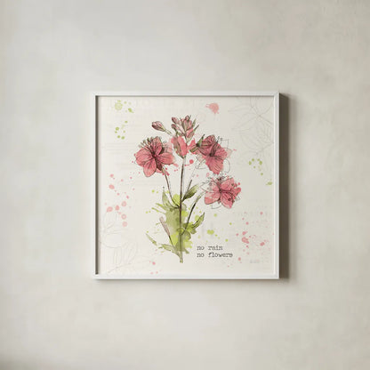 Floral Splash V Rain by Katie Pertiet. Shown in a crisp white glass frame for a clean and minimalist style. Available as an archival giclee rolled canvas, fine art paper, or poster print. SKU 56413a.