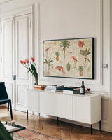 Floridian VI by Katie Pertiet. shown as a framed stretched canvas in a living room above a console. Available as a archival giclee rolled canvas, fine art paper, or poster print. SKU 53439i.