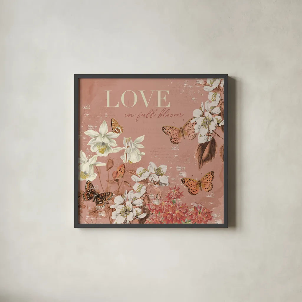 Flutter and Bloom I by Katie Pertiet. Shown in a sleek black glass frame for a contemporary gallery look. Available as an archival giclee rolled canvas, fine art paper, or poster print. SKU 98286a.
