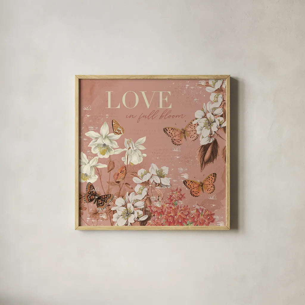 Flutter and Bloom I by Katie Pertiet. Shown in a natural wood glass frame for a timeless modern aesthetic. Available as an archival giclee rolled canvas, fine art paper, or poster print. SKU 98286a.