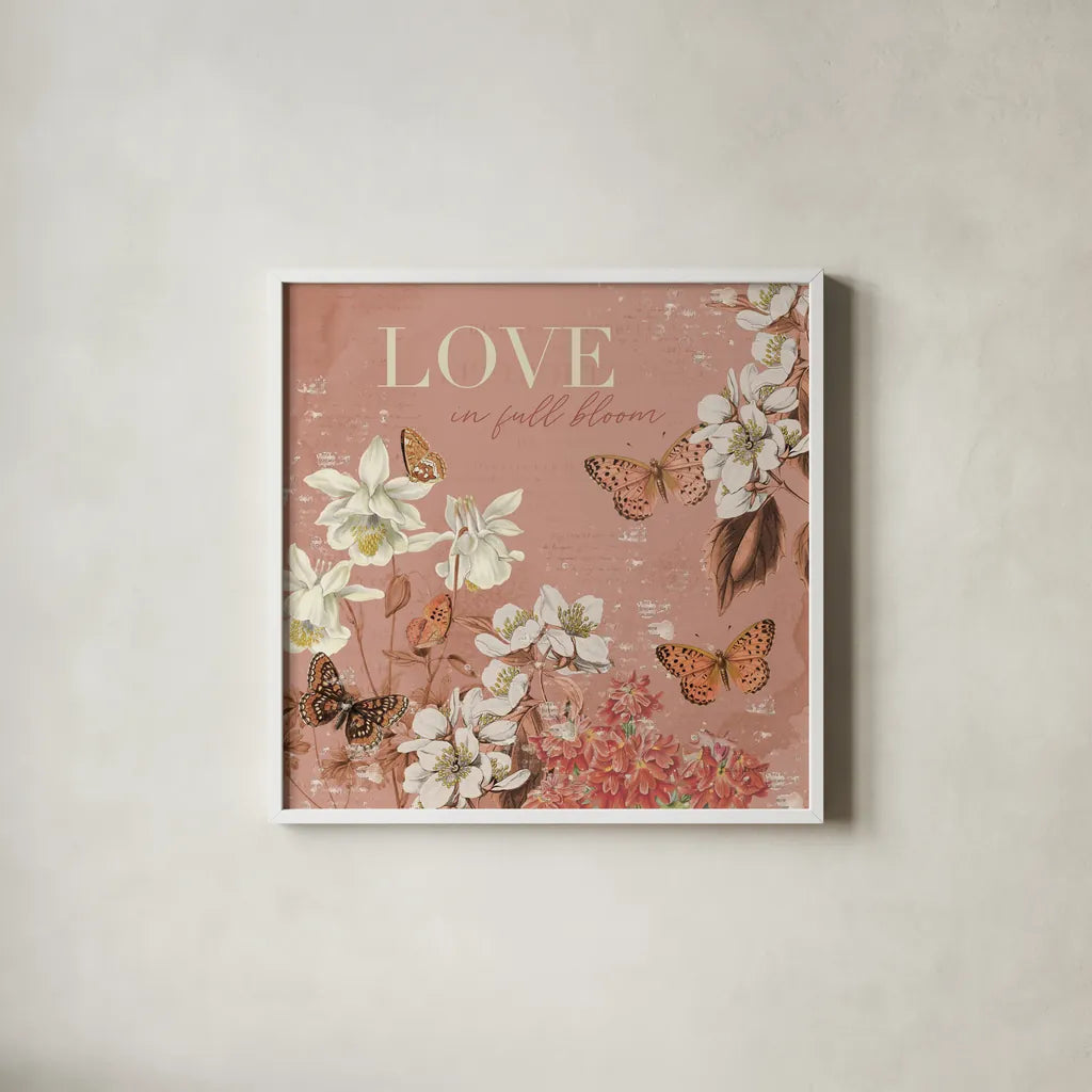 Flutter and Bloom I by Katie Pertiet. Shown in a crisp white glass frame for a clean and minimalist style. Available as an archival giclee rolled canvas, fine art paper, or poster print. SKU 98286a.