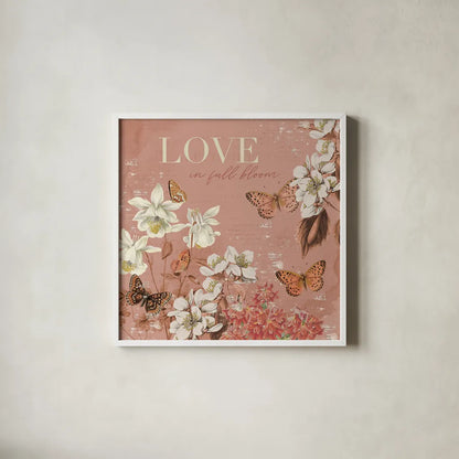 Flutter and Bloom I by Katie Pertiet. Shown in a crisp white glass frame for a clean and minimalist style. Available as an archival giclee rolled canvas, fine art paper, or poster print. SKU 98286a.