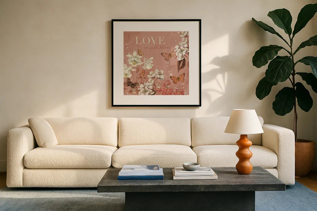 Flutter and Bloom I by Katie Pertiet. Displayed in a glass frame with matte in a clean modern living room. Available as an archival giclee rolled canvas, fine art paper, or poster print. SKU 98286a.