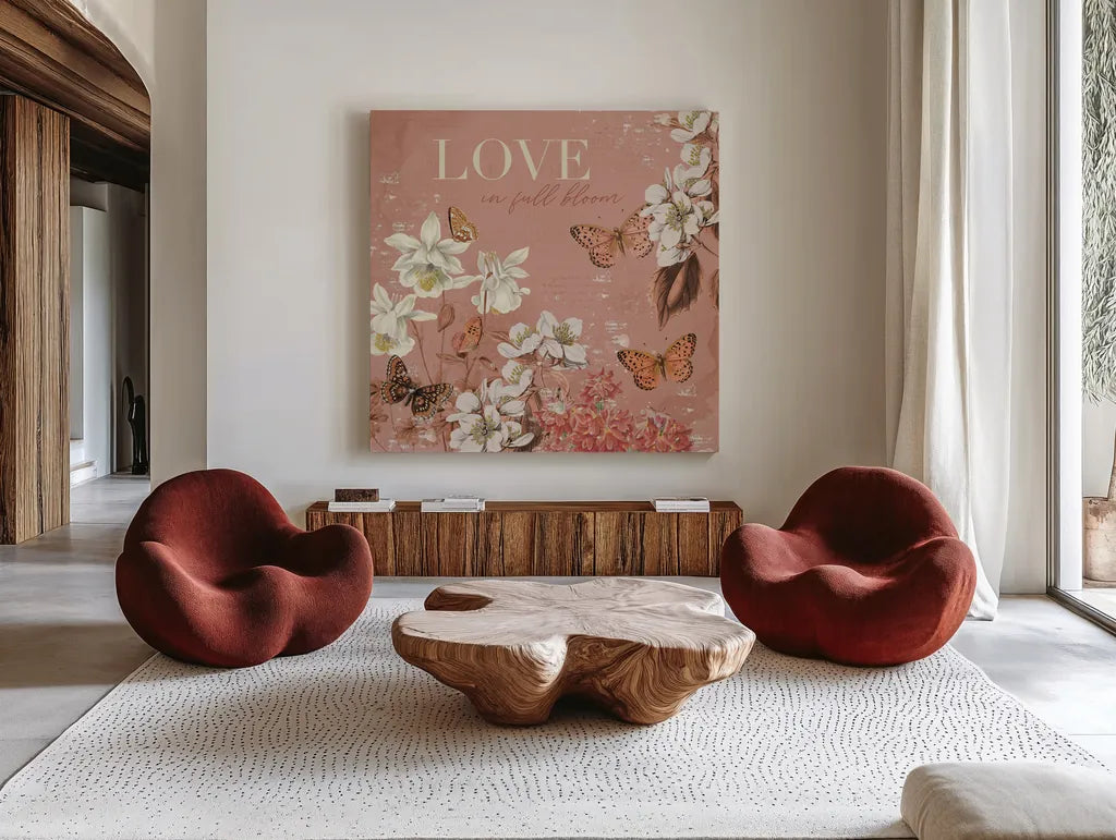 Flutter and Bloom I by Katie Pertiet. Shown as extra-large giant wall art in a modern living room. Available as an archival giclee rolled canvas, fine art paper, or poster print. SKU 98286a.