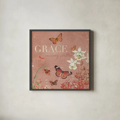 Flutter and Bloom II by Katie Pertiet. Shown in a sleek black glass frame for a contemporary gallery look. Available as an archival giclee rolled canvas, fine art paper, or poster print. SKU 98287a.