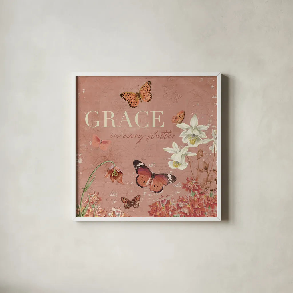 Flutter and Bloom II by Katie Pertiet. Shown in a crisp white glass frame for a clean and minimalist style. Available as an archival giclee rolled canvas, fine art paper, or poster print. SKU 98287a.